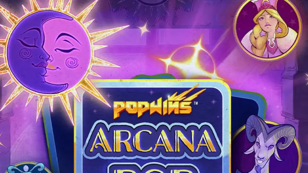 Tampilan visual mistis slot Arcana Pop dengan simbol kartu tarot dan gulungan yang bercahaya.