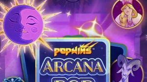 Tampilan visual mistis slot Arcana Pop dengan simbol kartu tarot dan gulungan yang bercahaya.