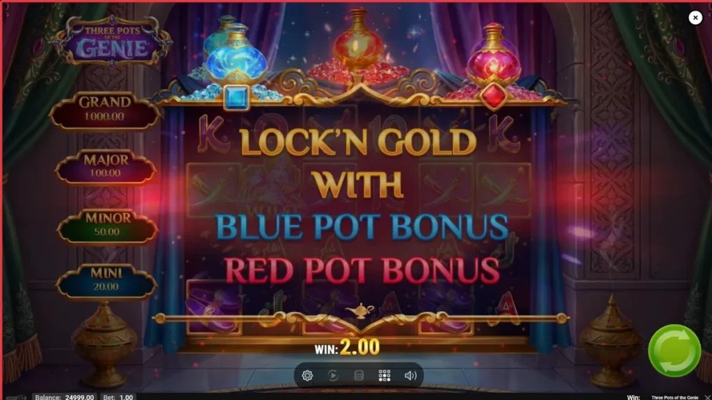 Tampilan visual slot Three Pots of the Genie dengan latar belakang gurun dan pot ajaib