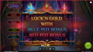 Tampilan visual slot Three Pots of the Genie dengan latar belakang gurun dan pot ajaib